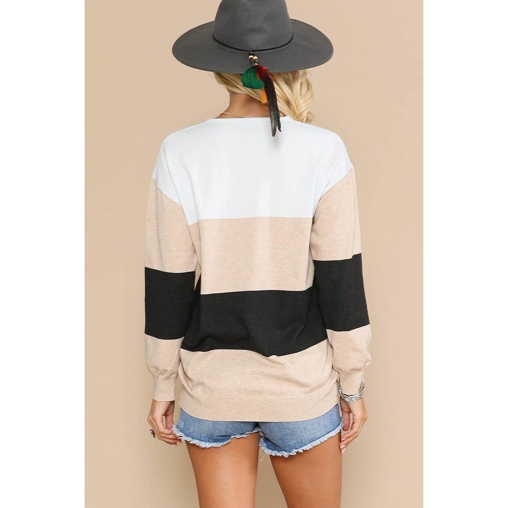 Beige Black Knitted Color Block Sweater - Picture 3 of 7
